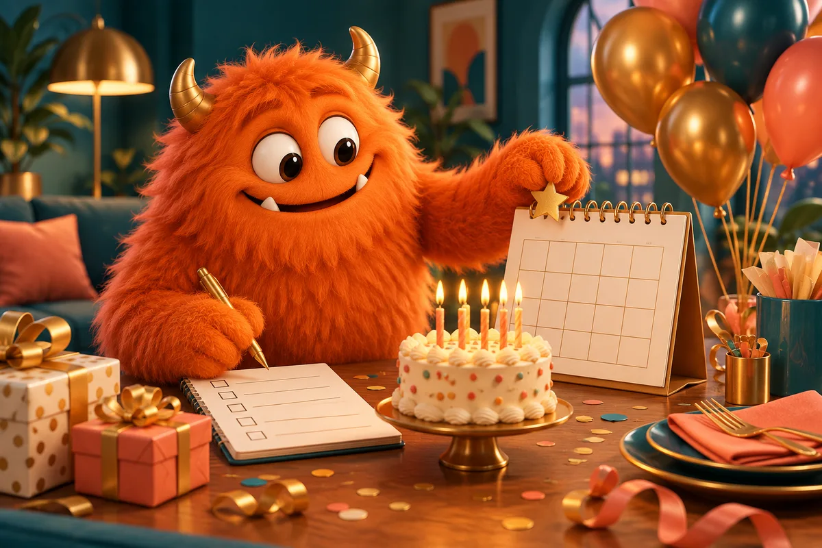 An orange fuzzy monster plans a birthday gathering with a cake, balloons and blank calendar.