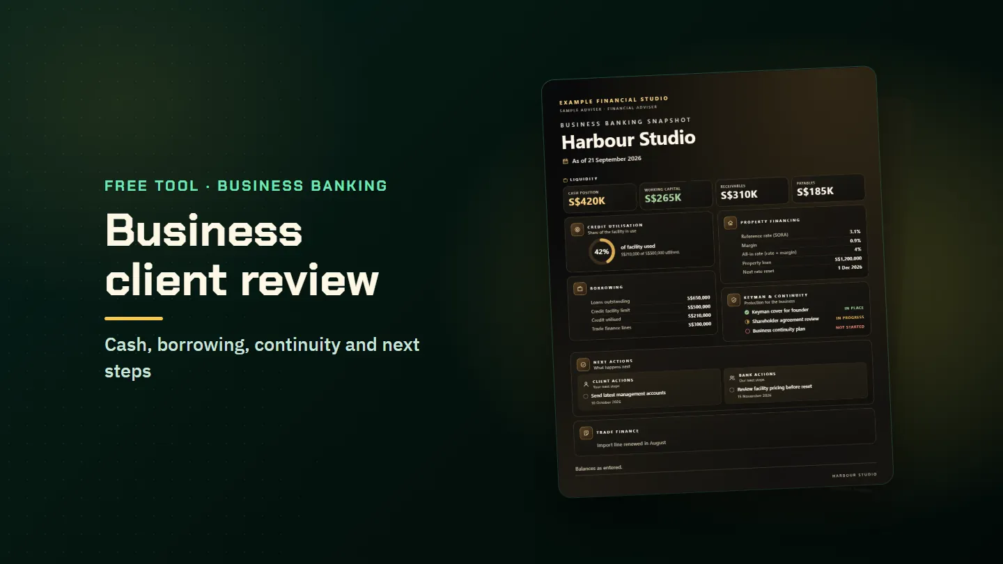 A sample business banking snapshot with cash, borrowing, continuity items and next actions