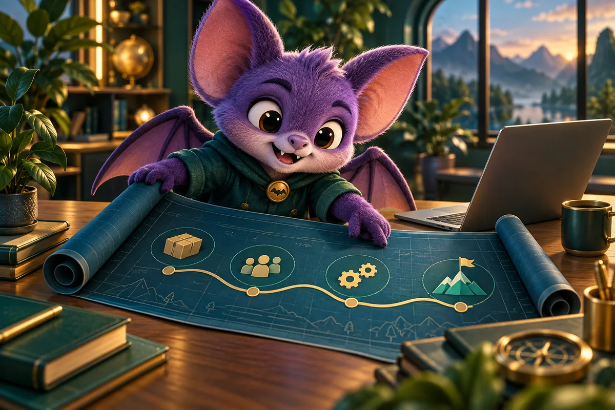 A purple bat mascot unrolls a business roadmap with product, people, operations and milestone icons.