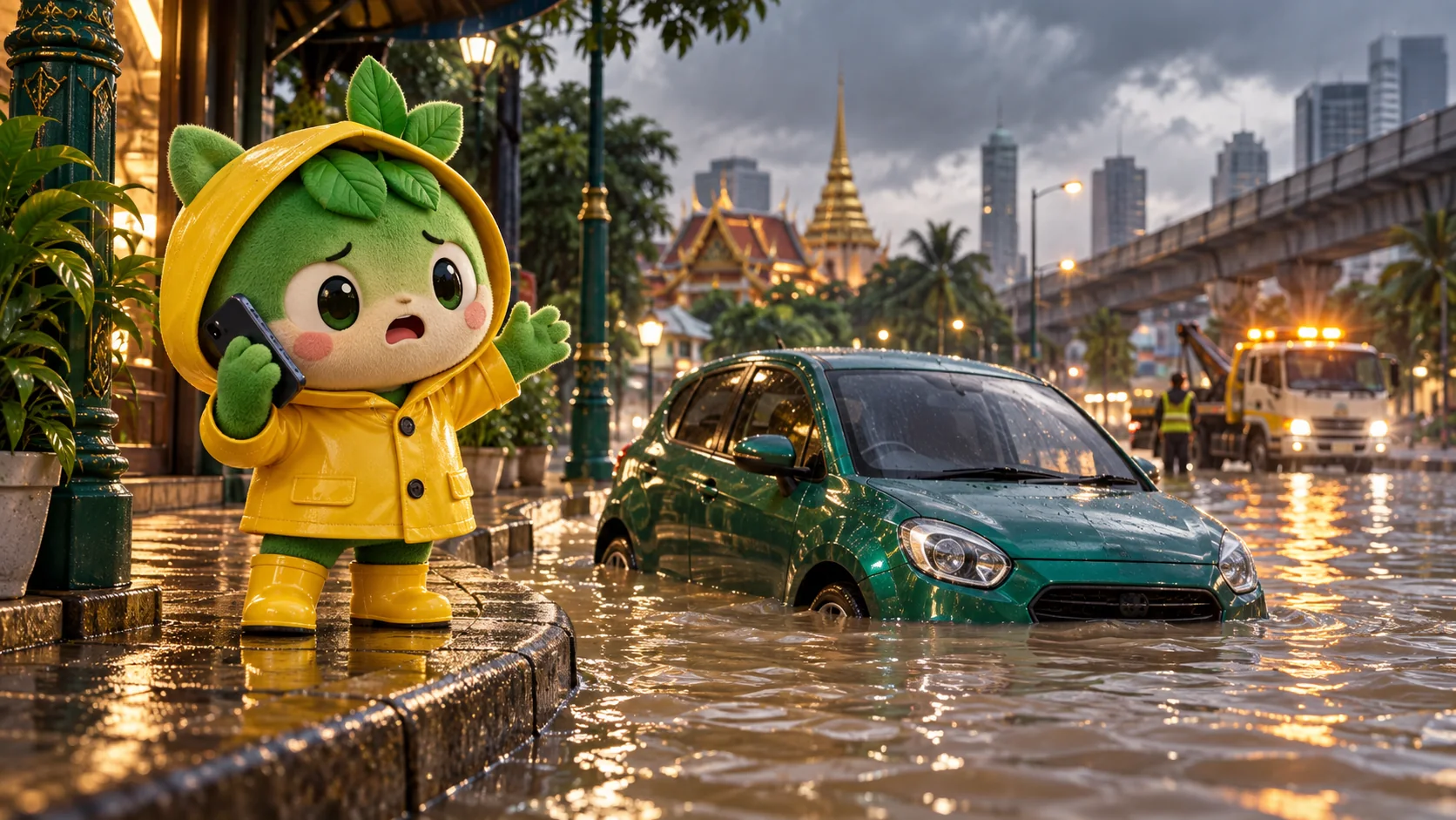 รถจอดอยู่ในน้ำท่วม มอนสเตอร์ยืนบนที่สูงและติดต่อขอความช่วยเหลือ