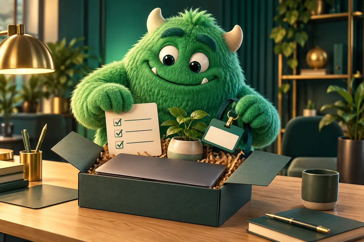 A friendly green monster arranges an onboarding checklist, laptop and welcome kit on an office desk.