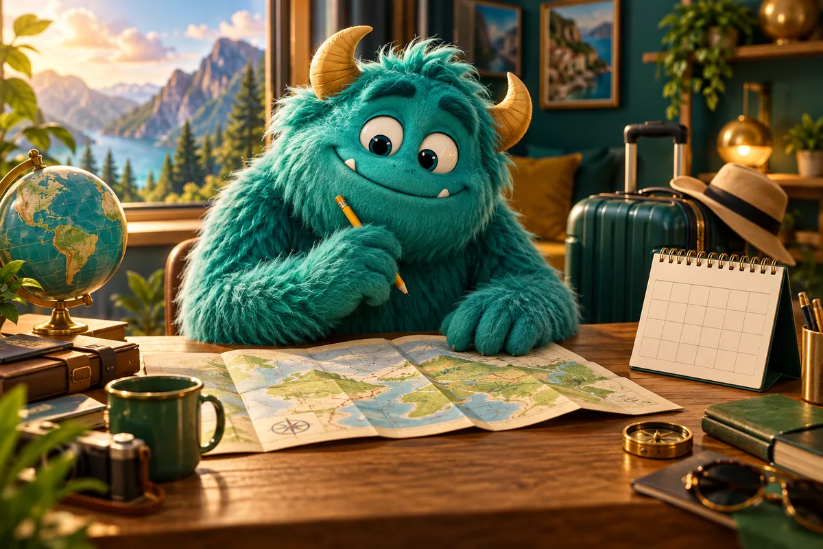 A teal fuzzy monster plans a family trip with a map, globe, suitcase and blank calendar.