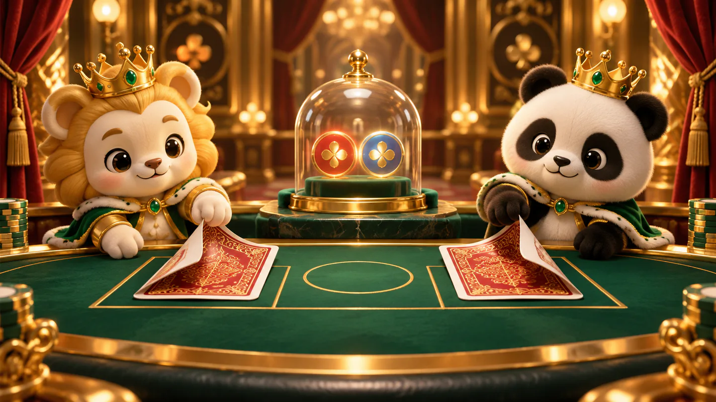 Two crowned mascots theatrically squeezing baccarat cards while a sealed result remains unchanged