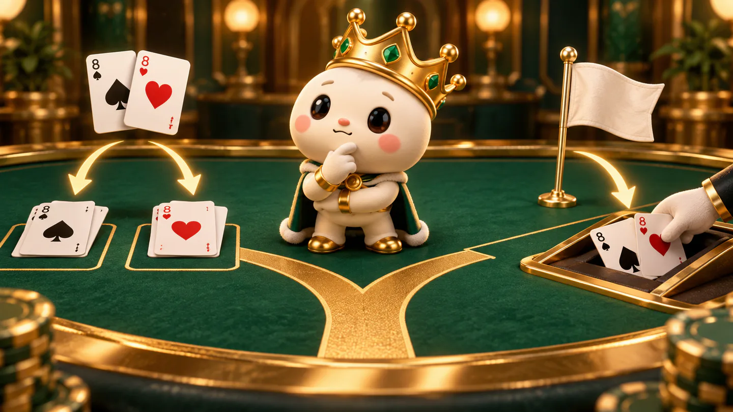 A crowned mascot choosing between splitting a pair and surrendering a blackjack hand