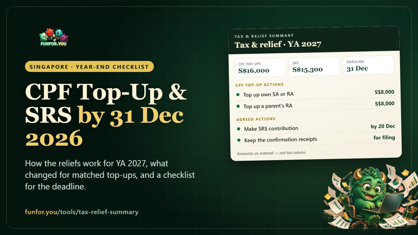A Tax and Relief Summary card for YA 2027 showing 16,000 of CPF top-ups, a 15,300 SRS contribution and a 31 December deadline