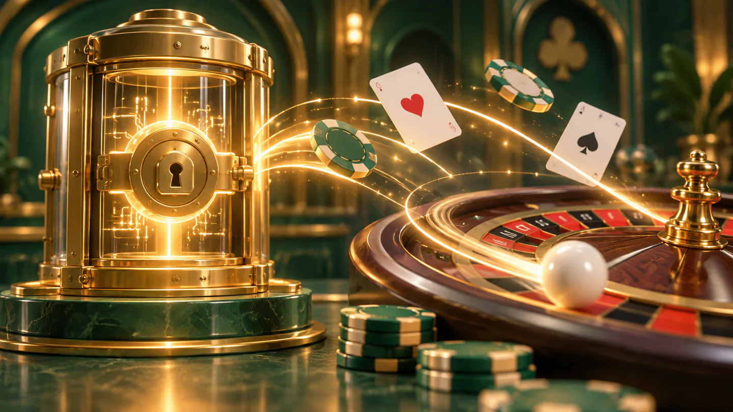 A locked golden result mechanism beside animated roulette, cards and chips, showing that the result is decided before the animation