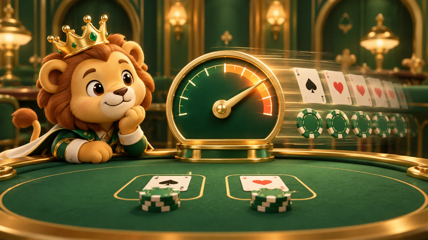 A crowned mascot beside a speed gauge while cards and chips move faster, illustrating that speed does not improve the odds