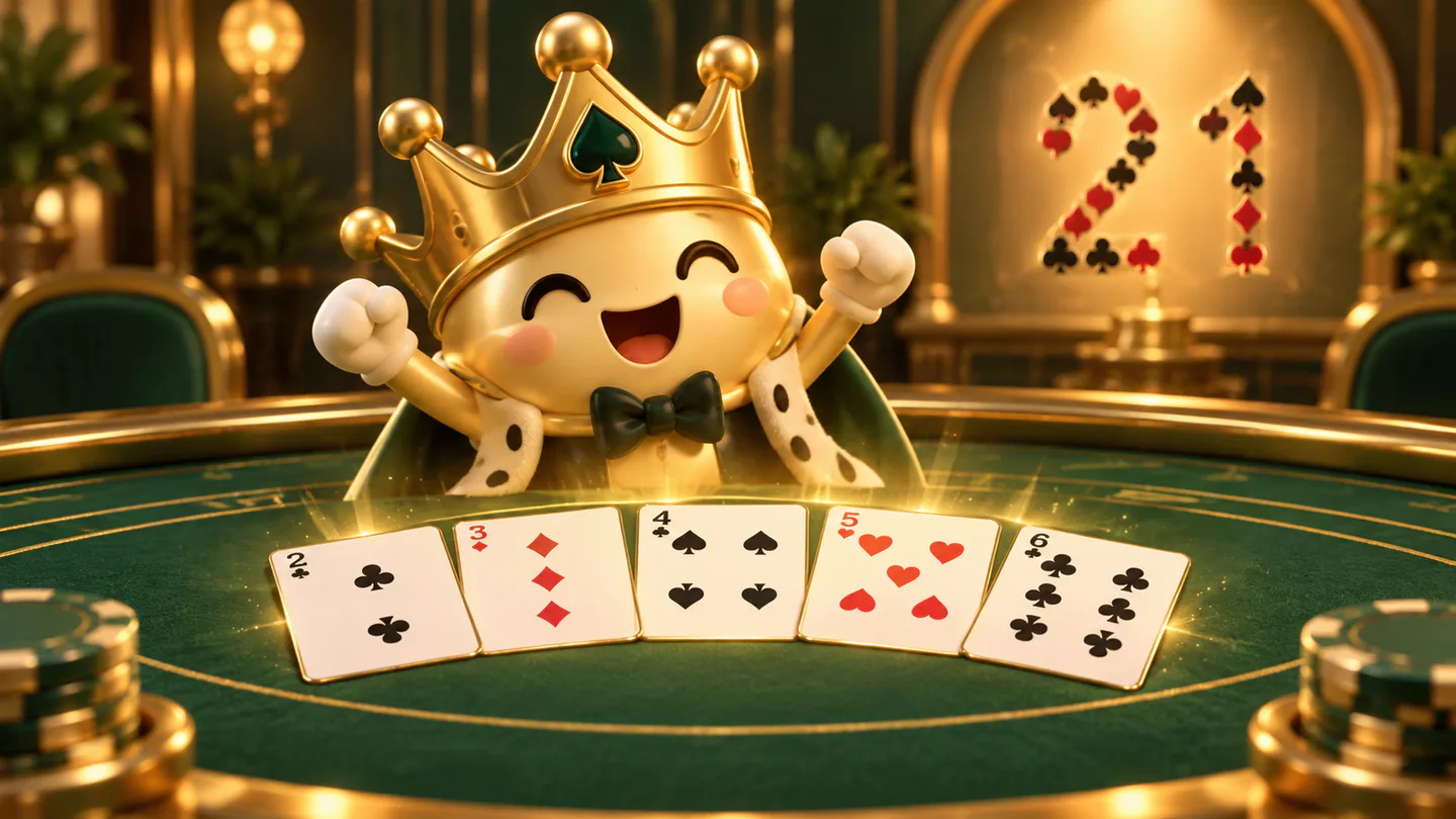 A delighted crowned mascot celebrating a five-card blackjack hand