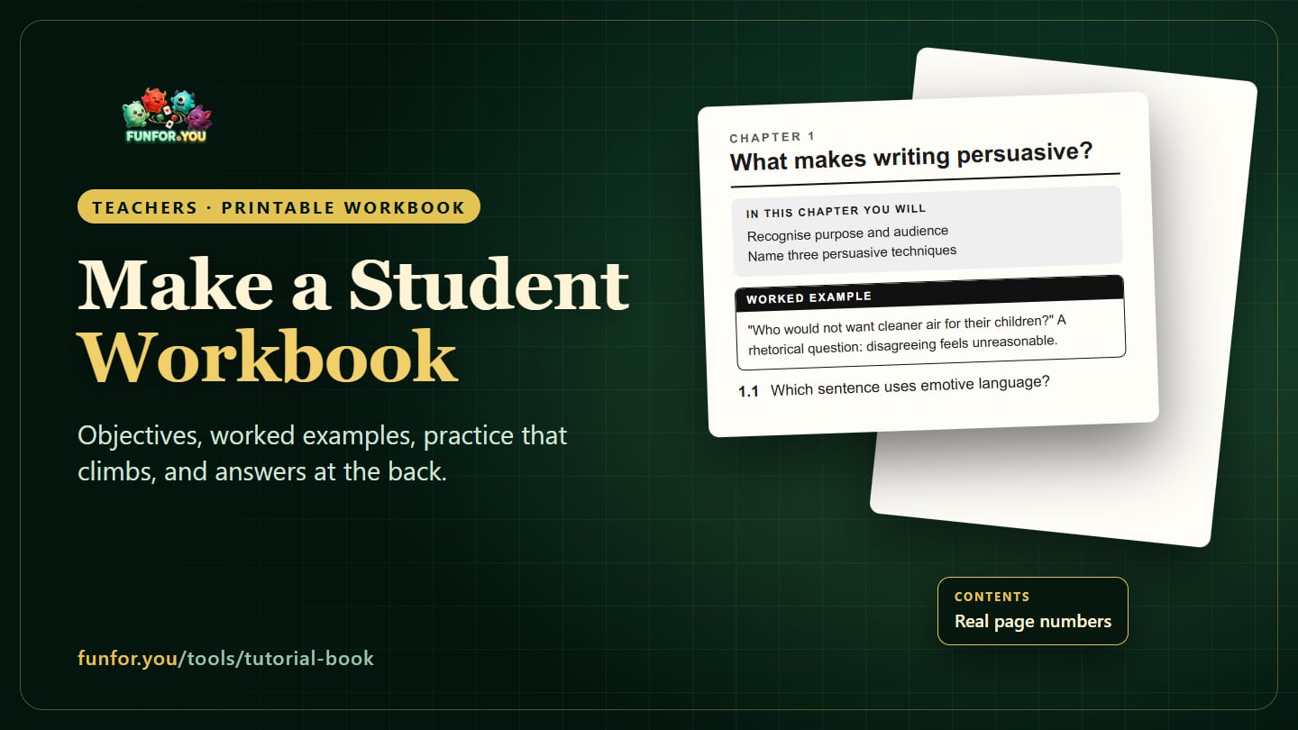 A printed student workbook open at a chapter page with an objectives box, a worked example and numbered practice questions