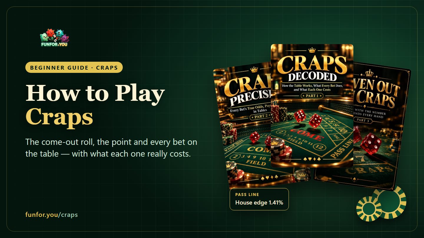 The three Craps playbook covers fanned on a green table, with a note that the Pass Line bet has a house edge of 1.41%