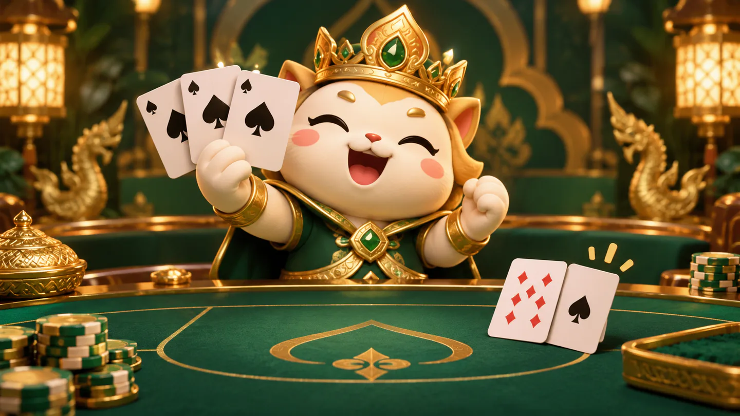 A crowned mascot presenting three matching cards beside a lower nine-point Pok Deng hand