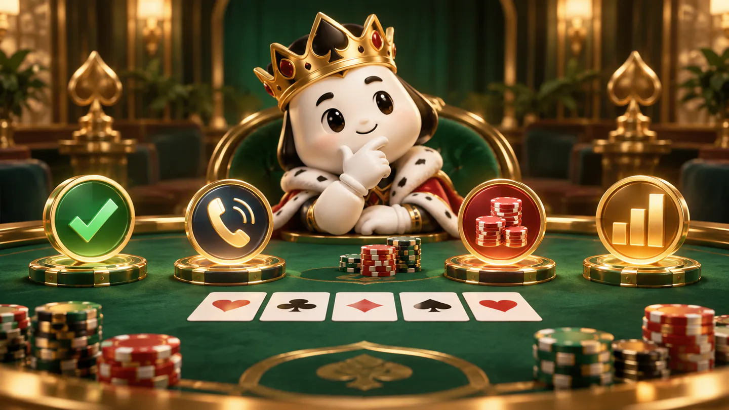 A thoughtful crowned mascot considering four glowing poker action symbols around community cards and chips