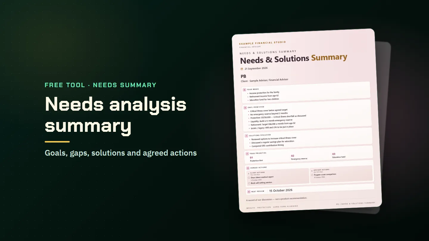 A sample needs analysis summary with needs, gaps, solutions discussed and agreed actions