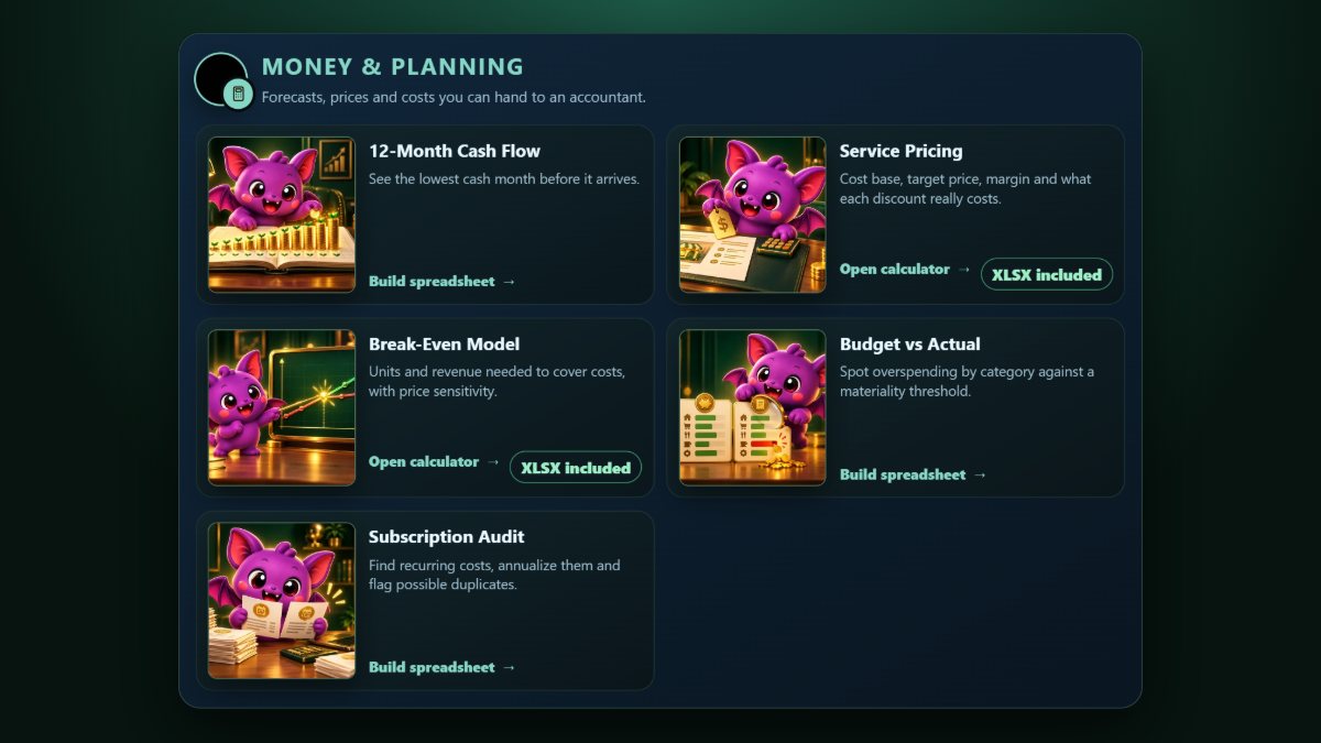 A grid of free small business spreadsheet generators on CREATEFOR.YOU, including cash flow, break-even, pricing, receivables and sales pipeline