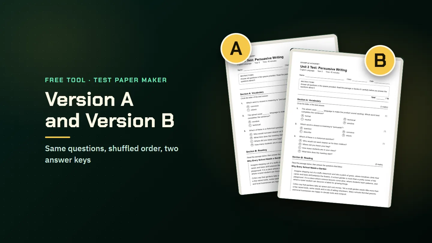 Version A and Version B of the same printable test with shuffled questions, marked with large A and B badges
