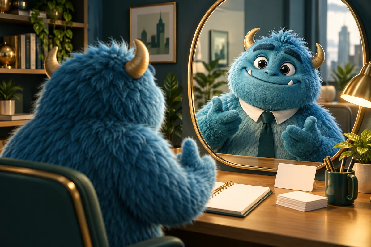 A friendly blue monster practices an interview answer in front of a mirror with a notebook and cue cards.