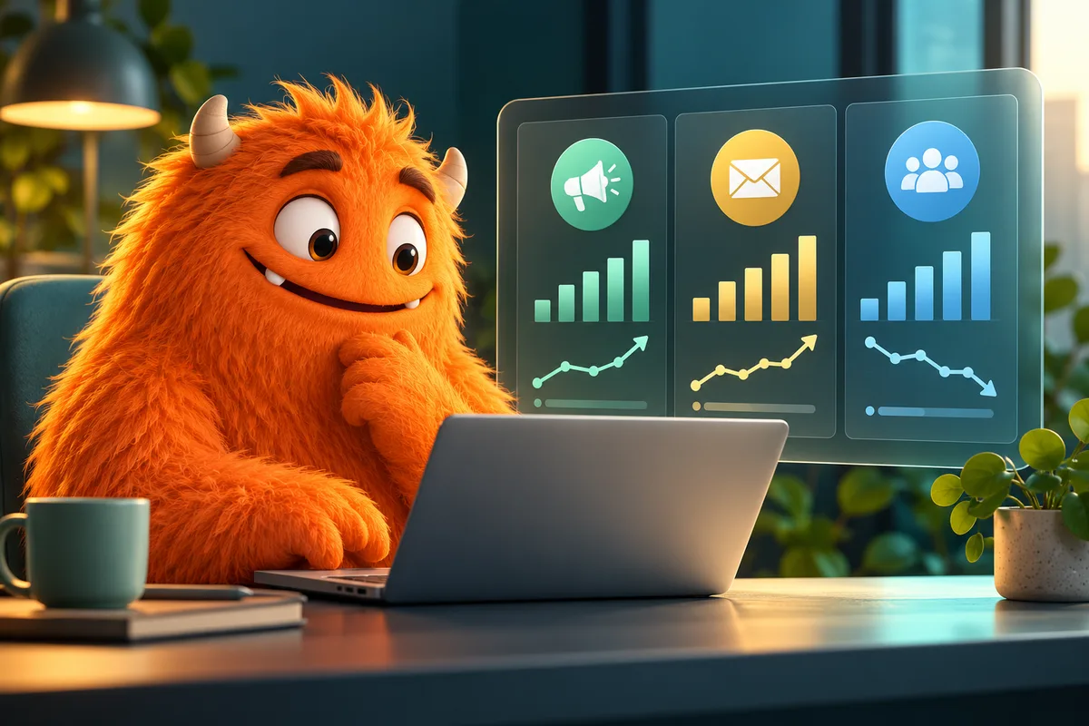An orange mascot reviews a simple campaign dashboard with channel charts on a laptop.