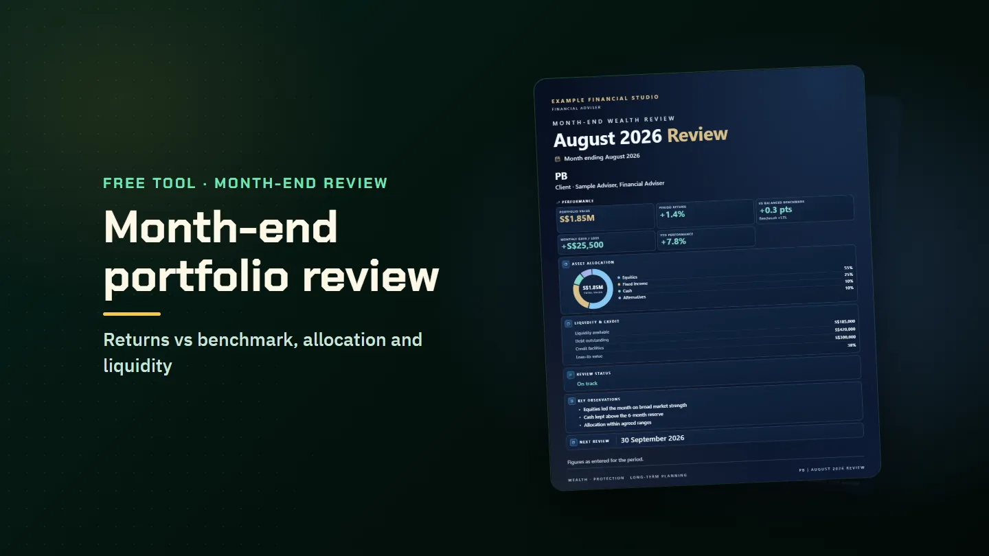 A sample month-end portfolio review showing returns against a benchmark, allocation and liquidity