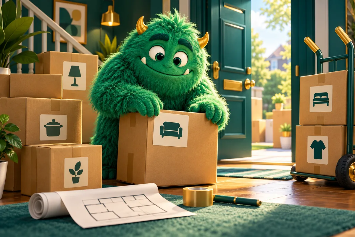 A green fuzzy monster organises moving boxes beside a simple floor plan and hand truck.