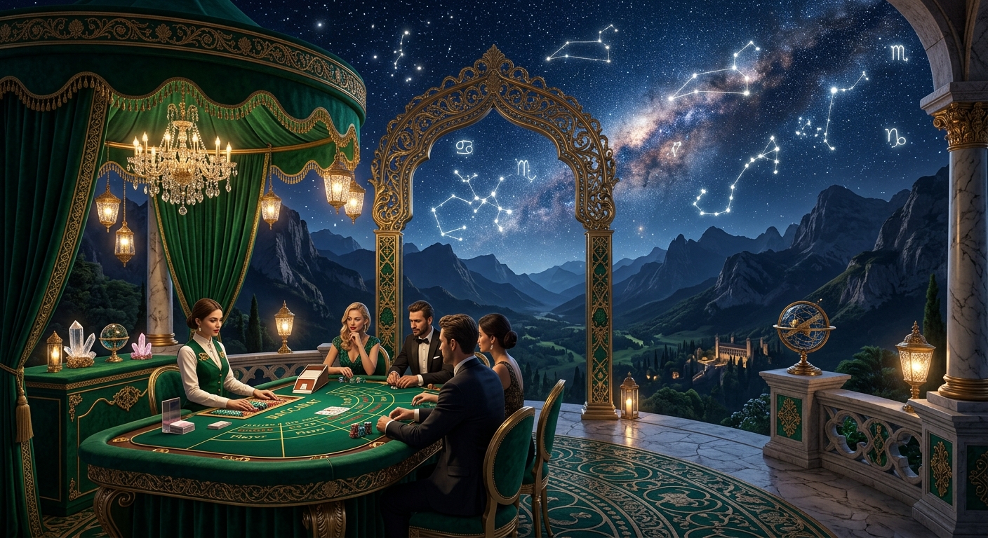 abstract view of a night sky with zodiac symbols over a casino table