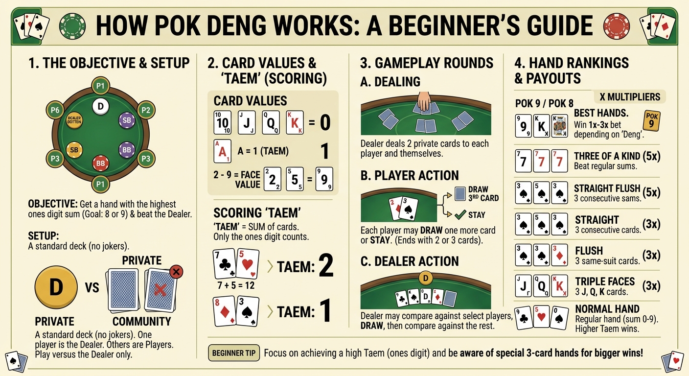 Pok Deng rules and gameplay infographic