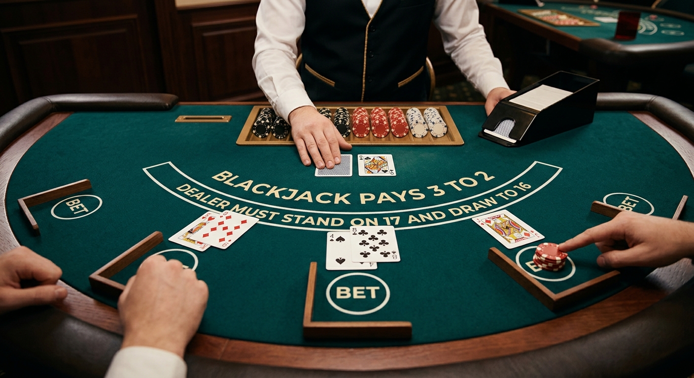 A stylized view of a blackjack table with cards and chips, representing a free‑play casino simulation