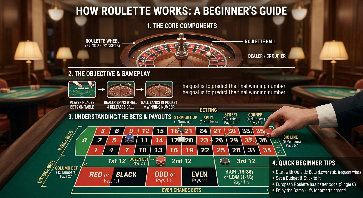 A stylized view of a roulette wheel and betting table, illustrating the layout for beginners