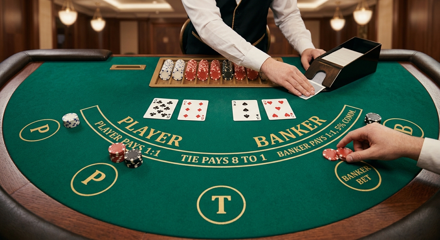 Elegant view of a baccarat table with cards and chips