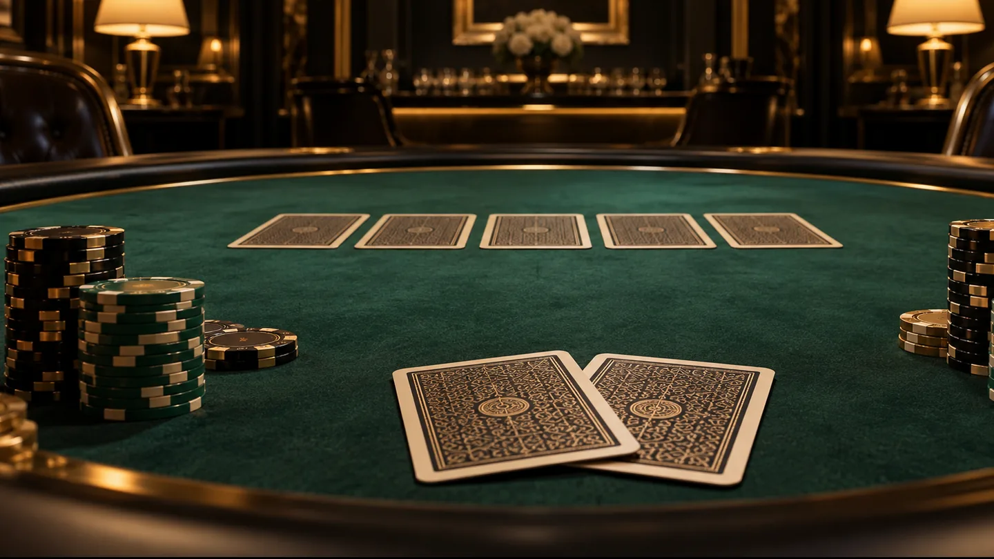 A wide view of a poker table with community cards laid out, illustrating Texas Hold'em gameplay