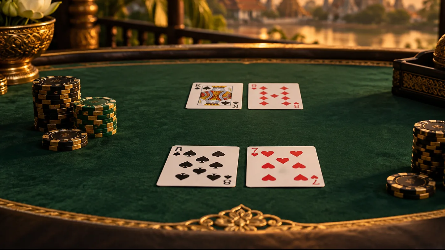 A stylised layout of playing cards on a wooden table, representing the Pok Deng game