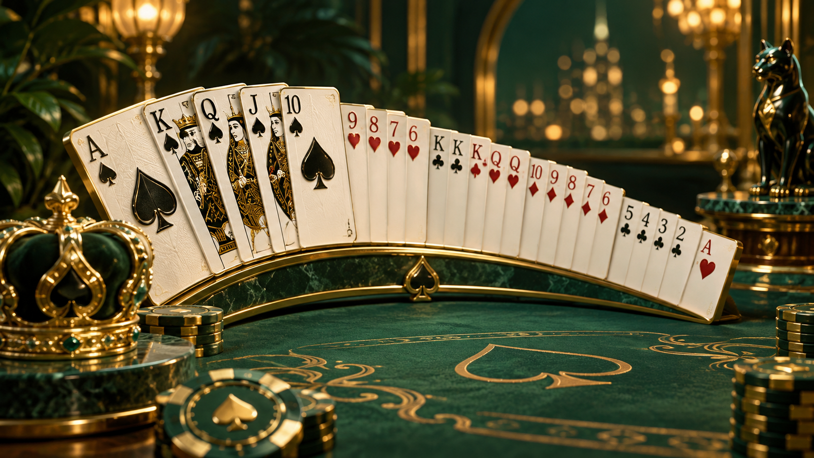 Premium emerald-and-gold display of poker hand rankings on a casino table