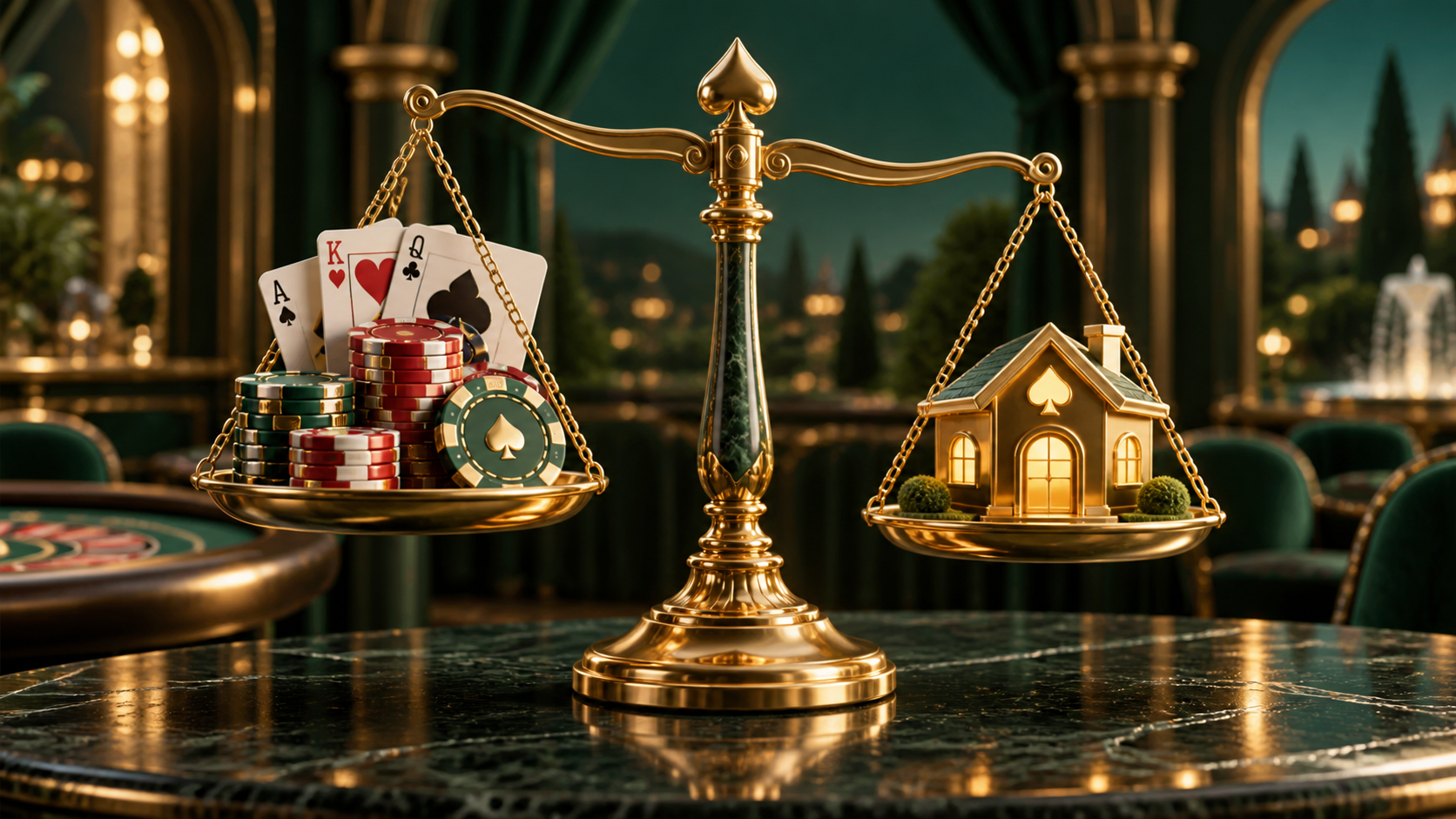 Golden balance scale illustrating the house edge across casino games
