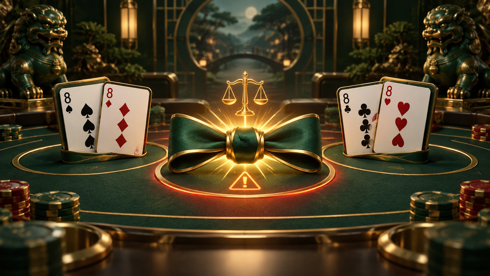 Two equal baccarat hands beside a warning marker for the tie bet