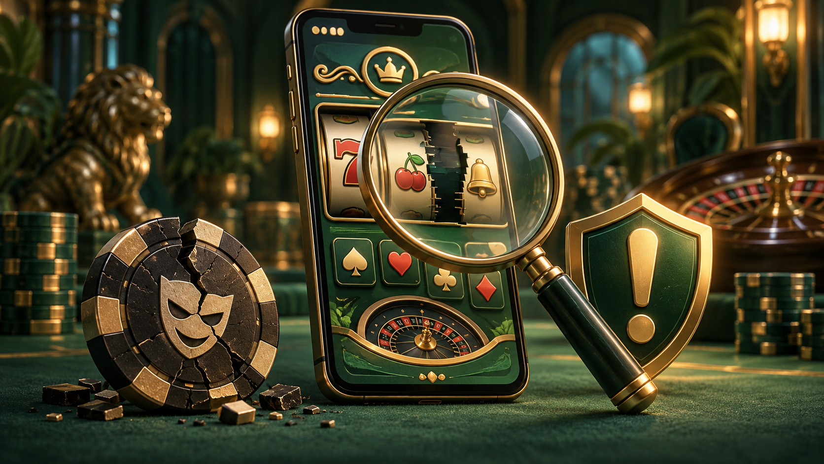 Magnifying glass revealing warning signs in a fake casino app