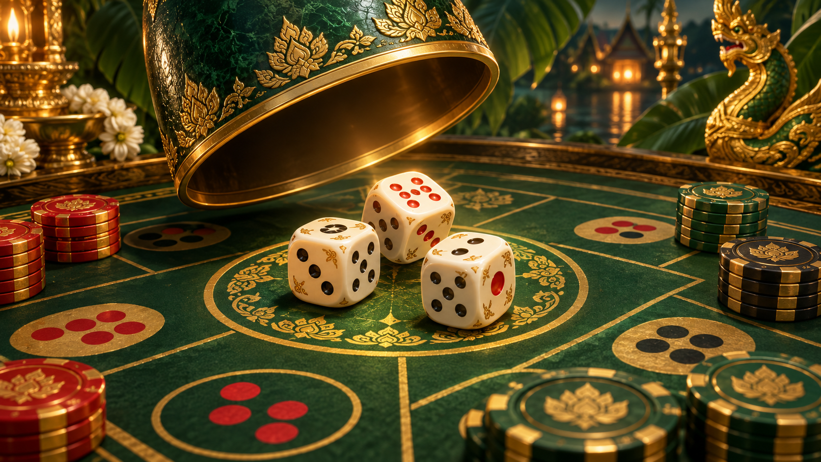 Three Thai Hi-Lo dice revealed beneath an ornate cup