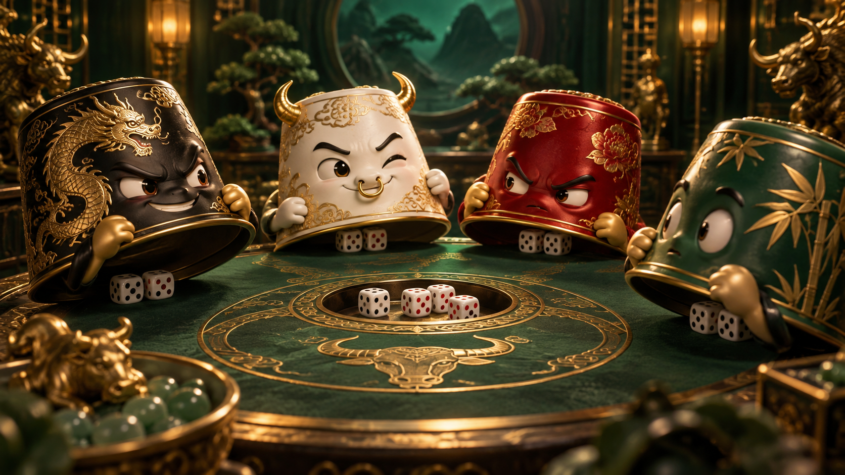Playful dice-cup mascots bluffing around a Chui Niu table