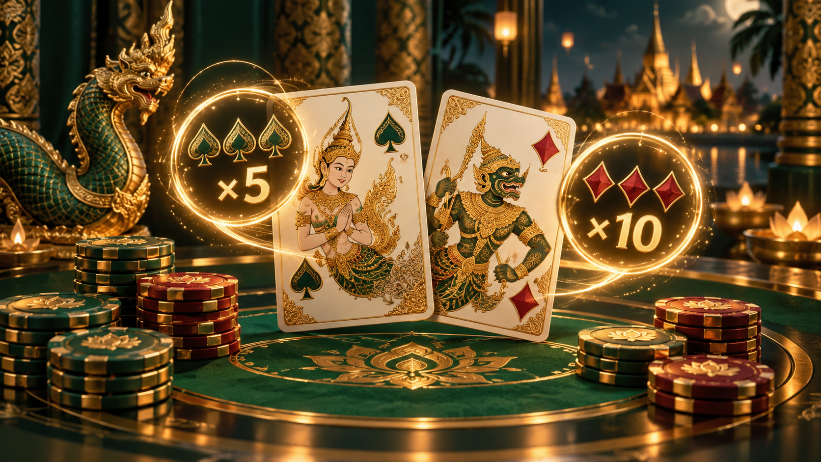 Thai playing cards with glowing Pok Deng payout multipliers