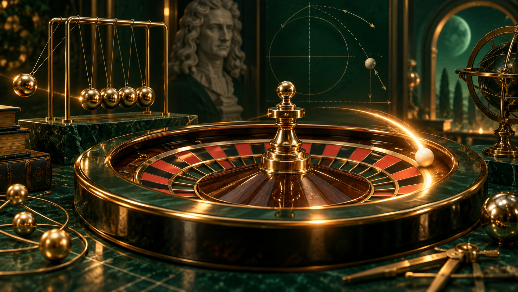 Roulette wheel and ball trajectory illustrating Newtonian physics