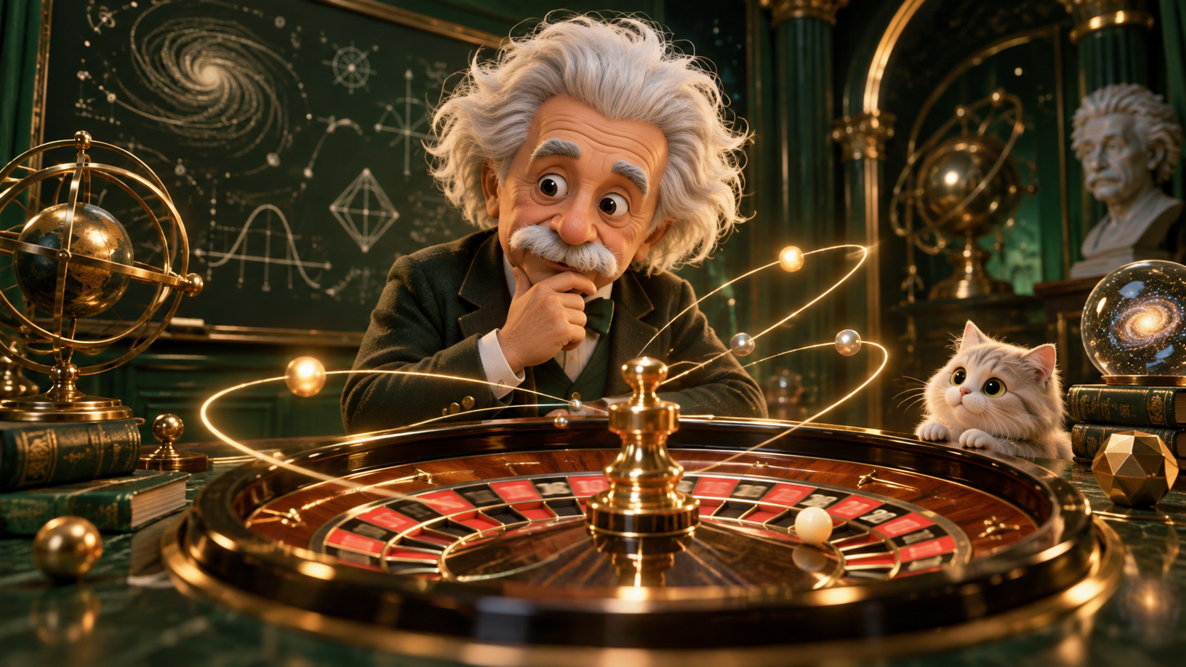 Whimsical scientist studying roulette through physics