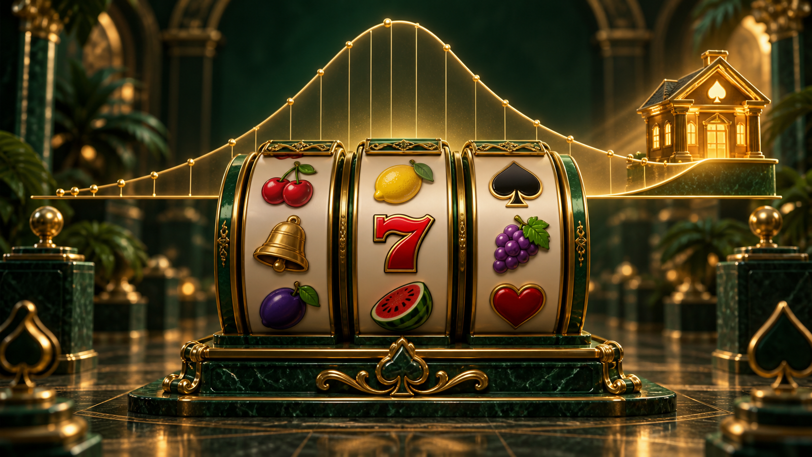 Ornate slot reels beneath a long-run probability curve