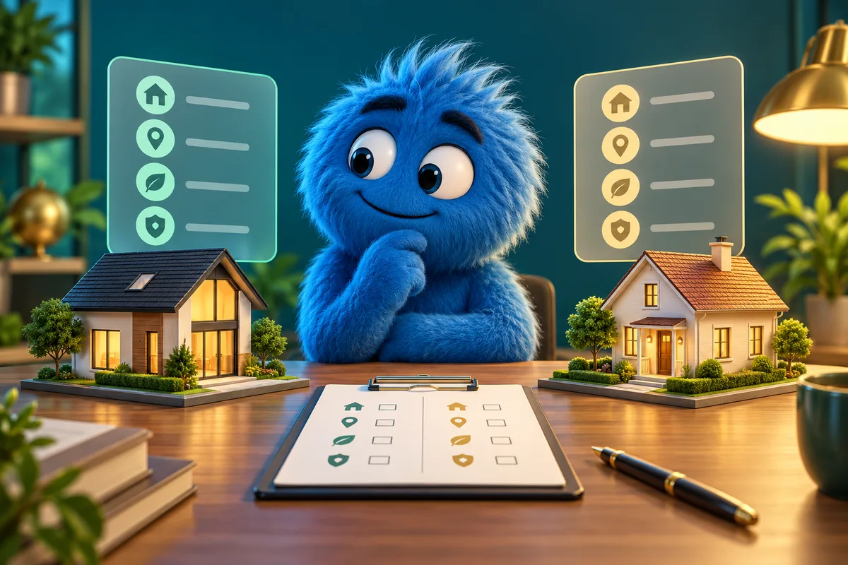 A blue monster compares two miniature homes beside a neutral side-by-side checklist.