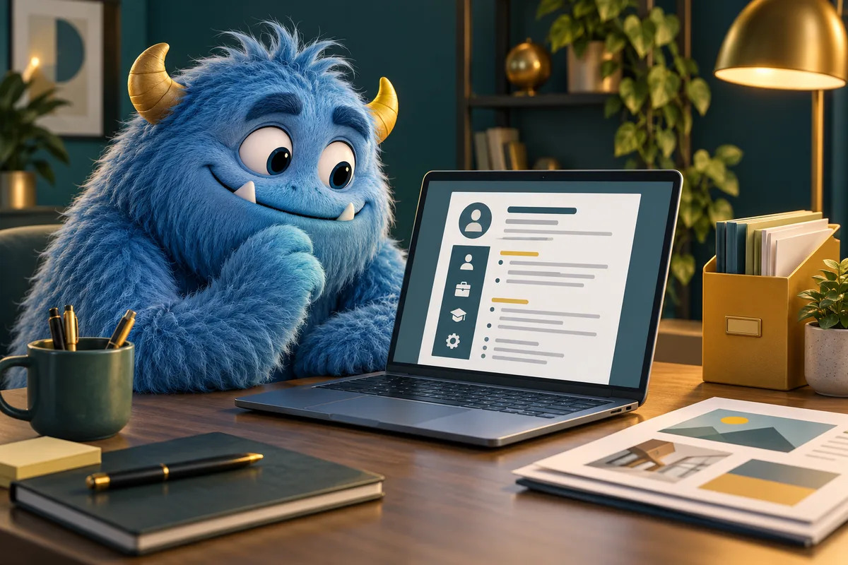 A friendly blue monster reviews a clean résumé layout on a laptop at a tidy desk.