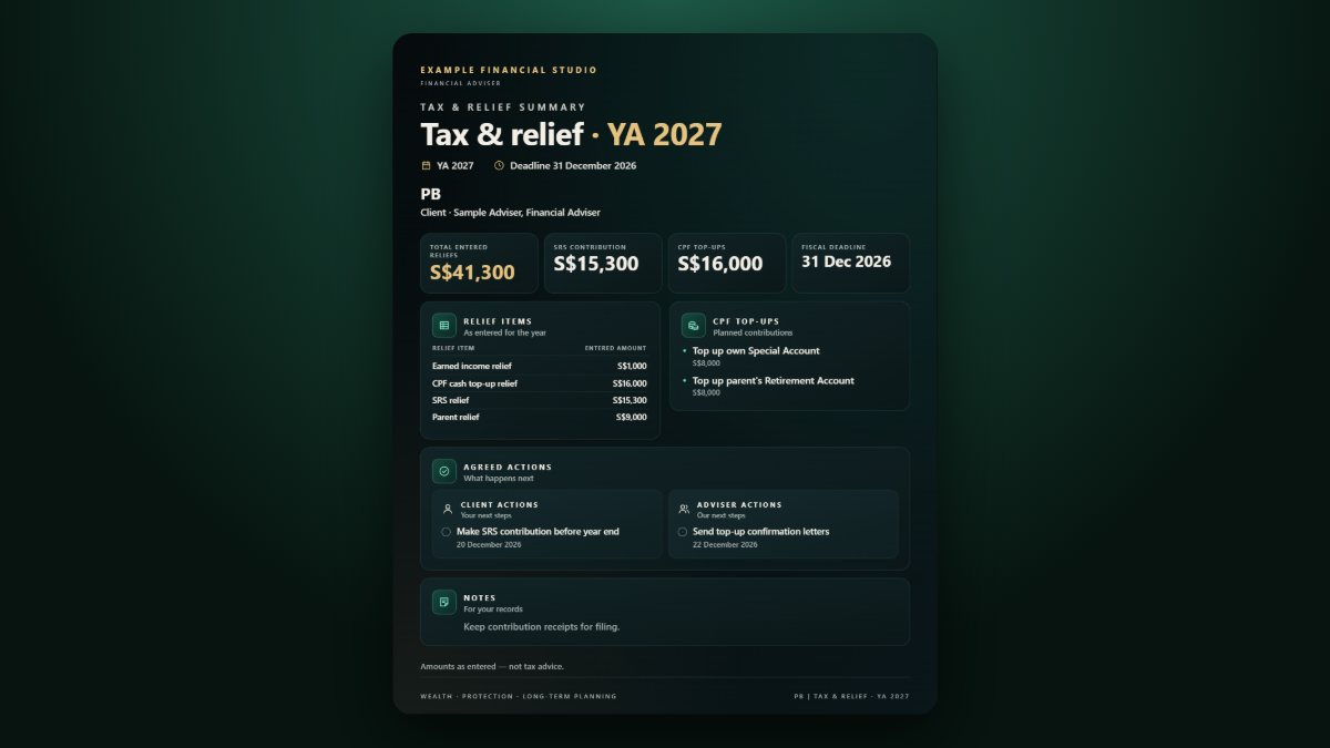 A tax relief summary recap listing CPF cash top-ups, SRS contributions and relief items against the 31 December deadline