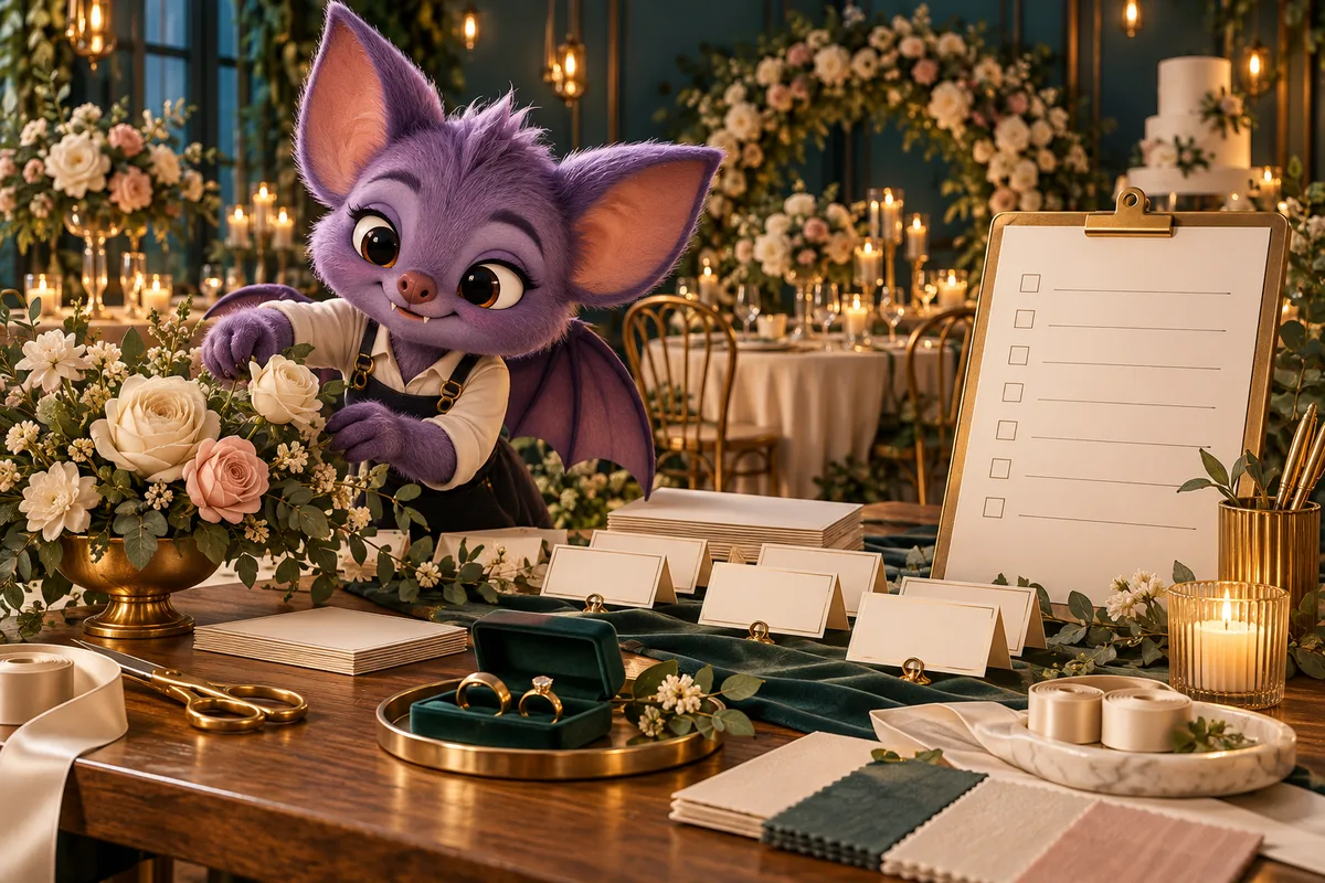 A purple bat mascot arranges flowers, place cards and a wedding planning checklist.