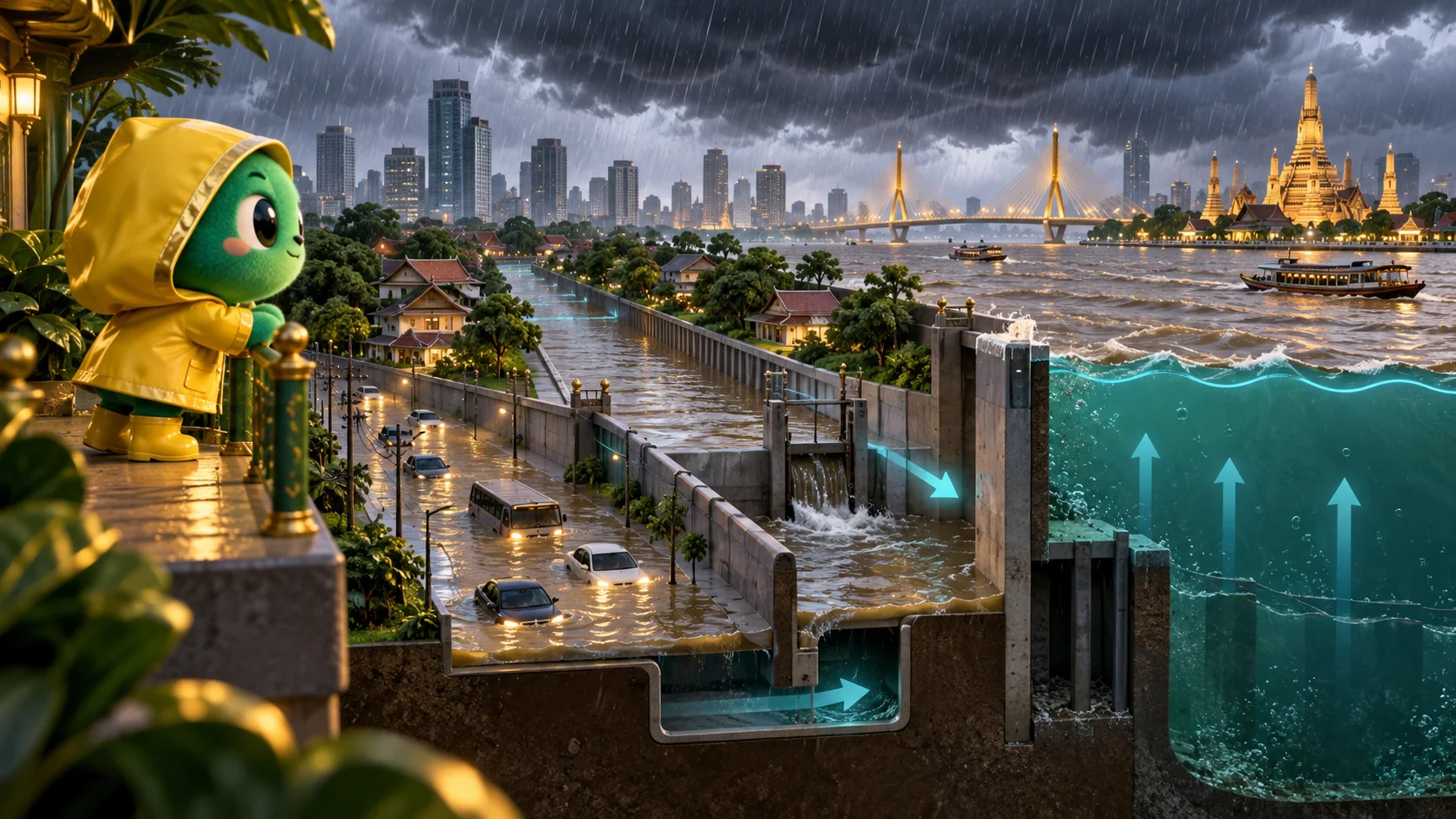 Bangkok riverside in heavy rain with a full canal, high river tide and a low-lying flooded road