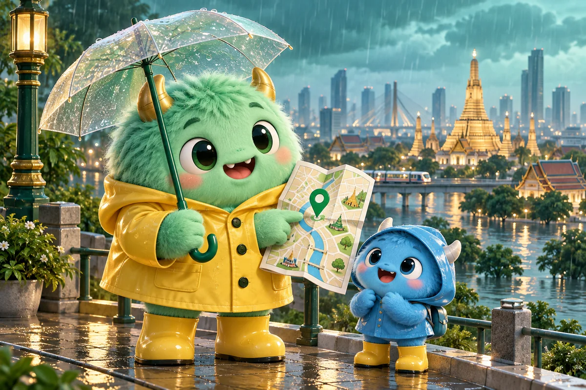 Friendly raincoat monsters checking a Bangkok map
