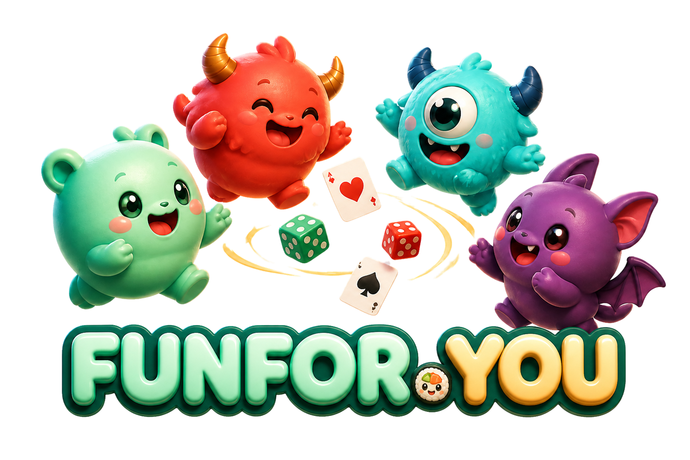 FUNFOR.YOU — four friendly monsters playing with cards and dice