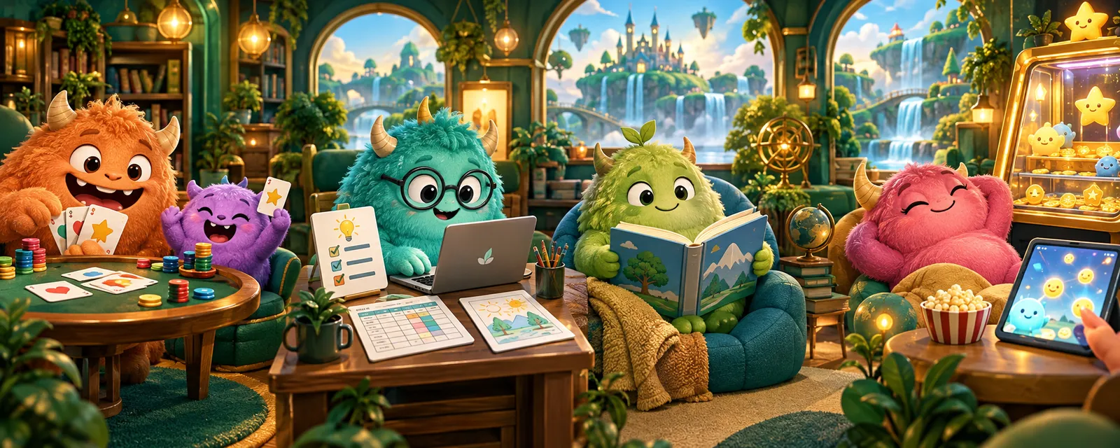 Friendly monsters creating at a laptop, reading, relaxing and playing cards together in a sunny clubhouse