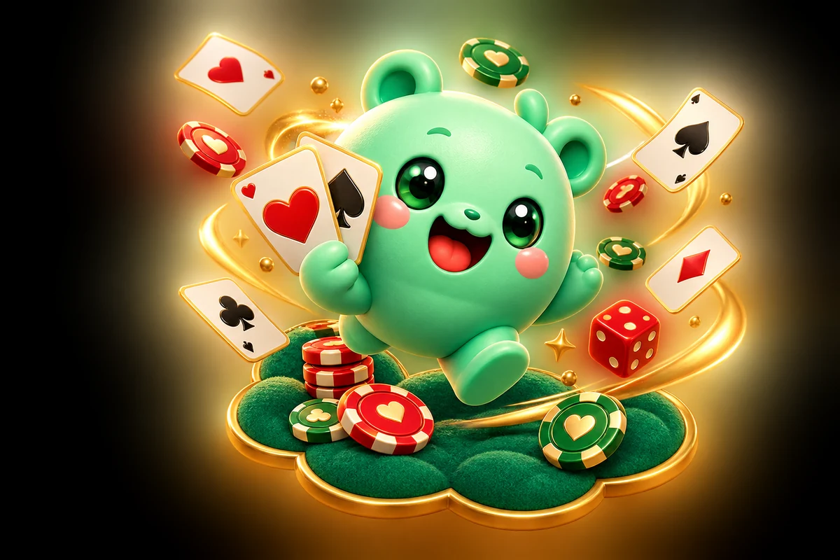 A cheerful monster with cards, dice and chips