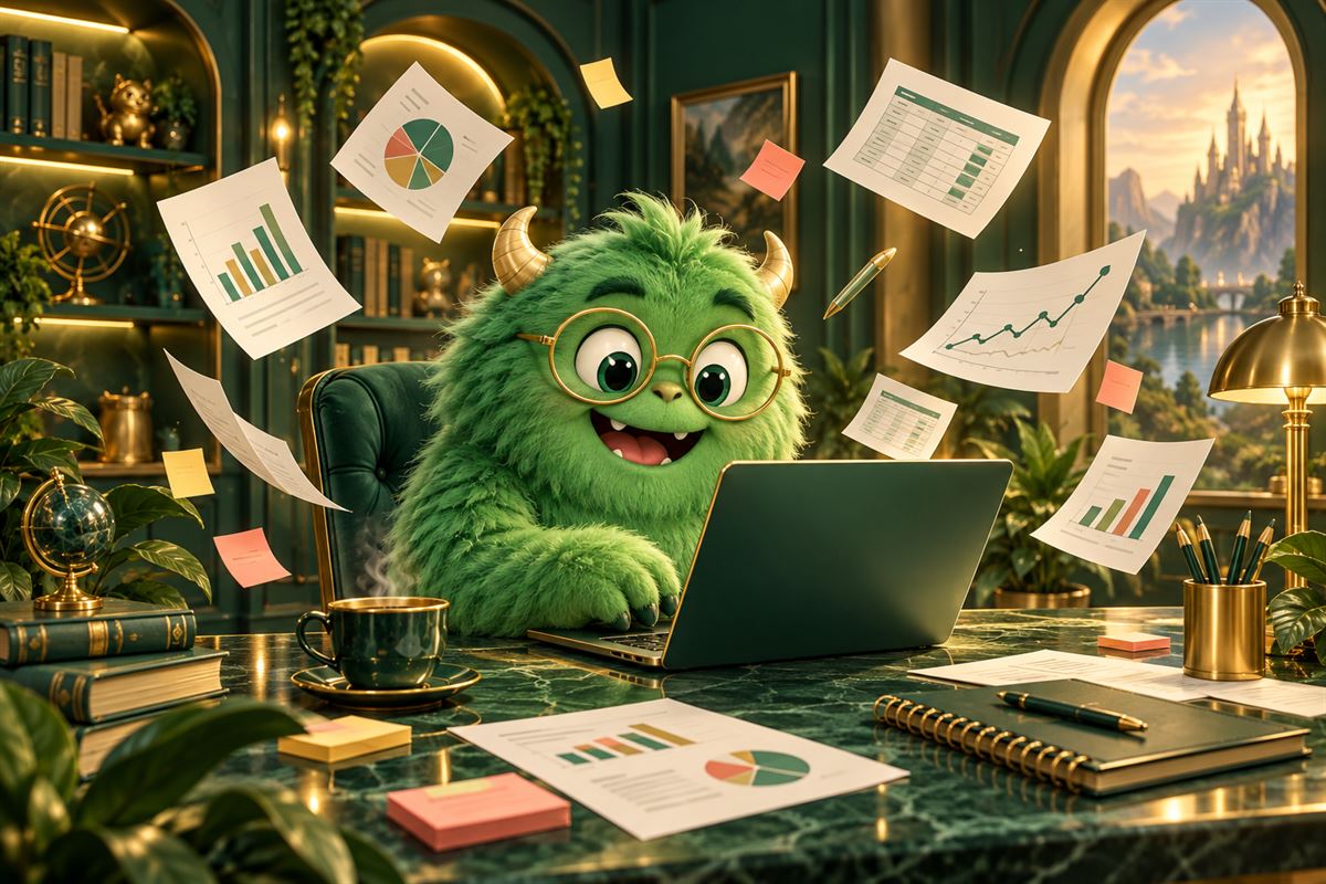 The friendly FUNFOR.YOU monster in round glasses working on a laptop in a polished office surrounded by charts and planning documents